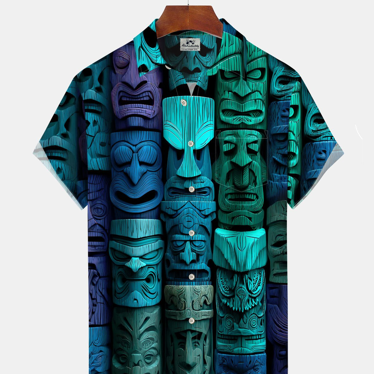 Alohadaddy® Men's Short-Sleeve Button-Down Shirt with Hawaiian Tiki Totem Print and Chest Pocket