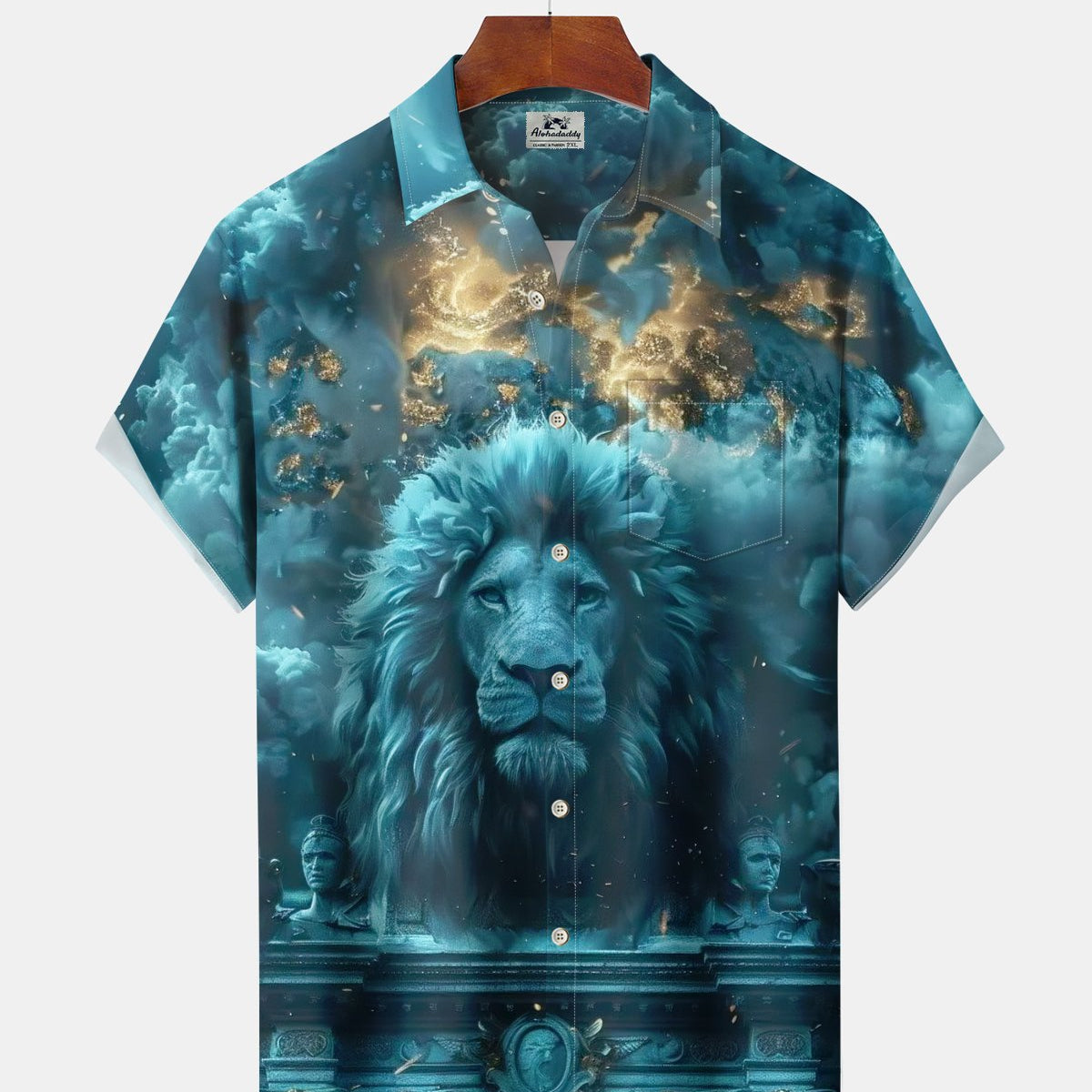 Alohadaddy® Men's Short-Sleeve Button-Down Shirt Vintage Lion Art Print with Pocket
