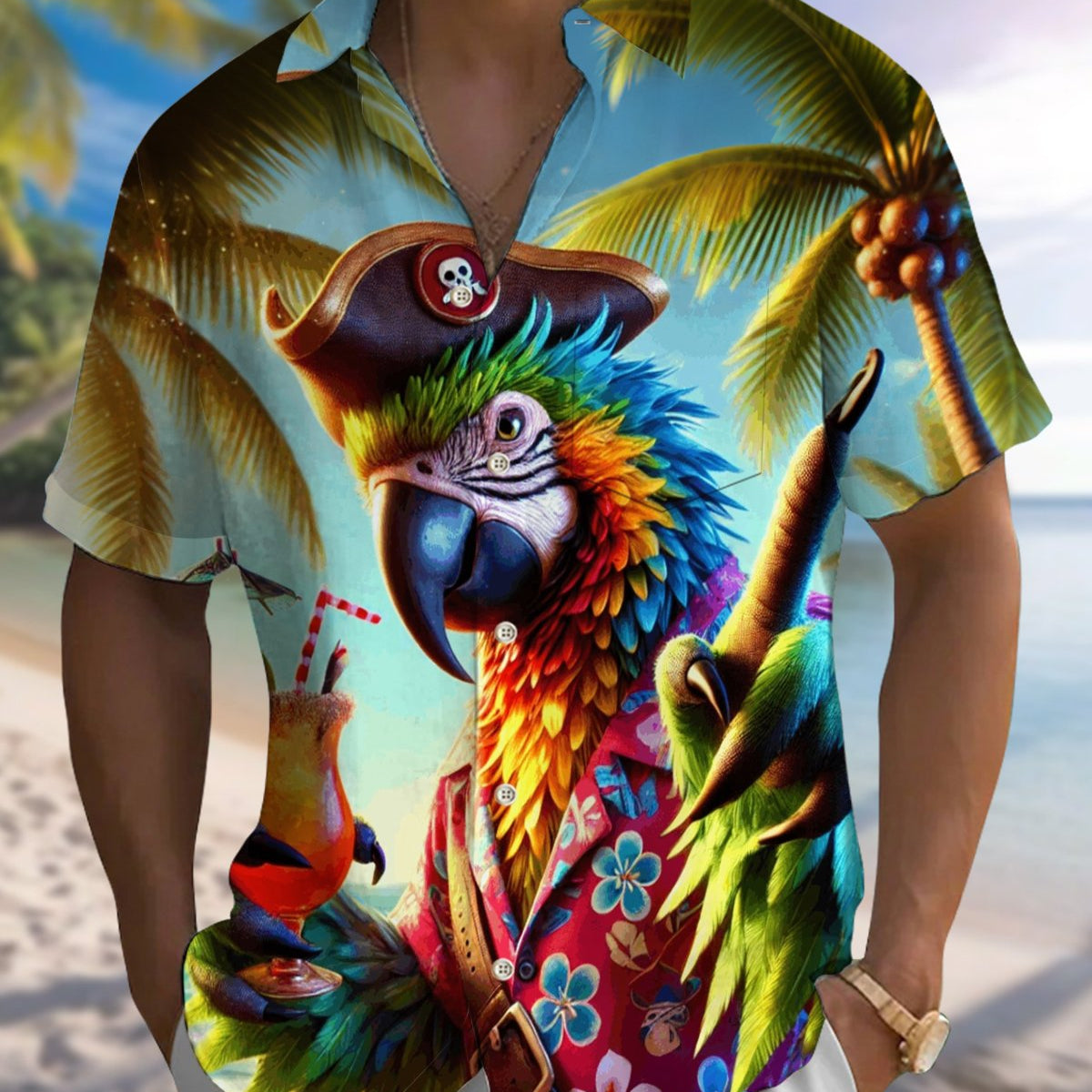 Alohadaddy® Hawaiian Parrot Print Art Button Pocket Cardigan Men's Short Sleeve Shirt Big & Tall
