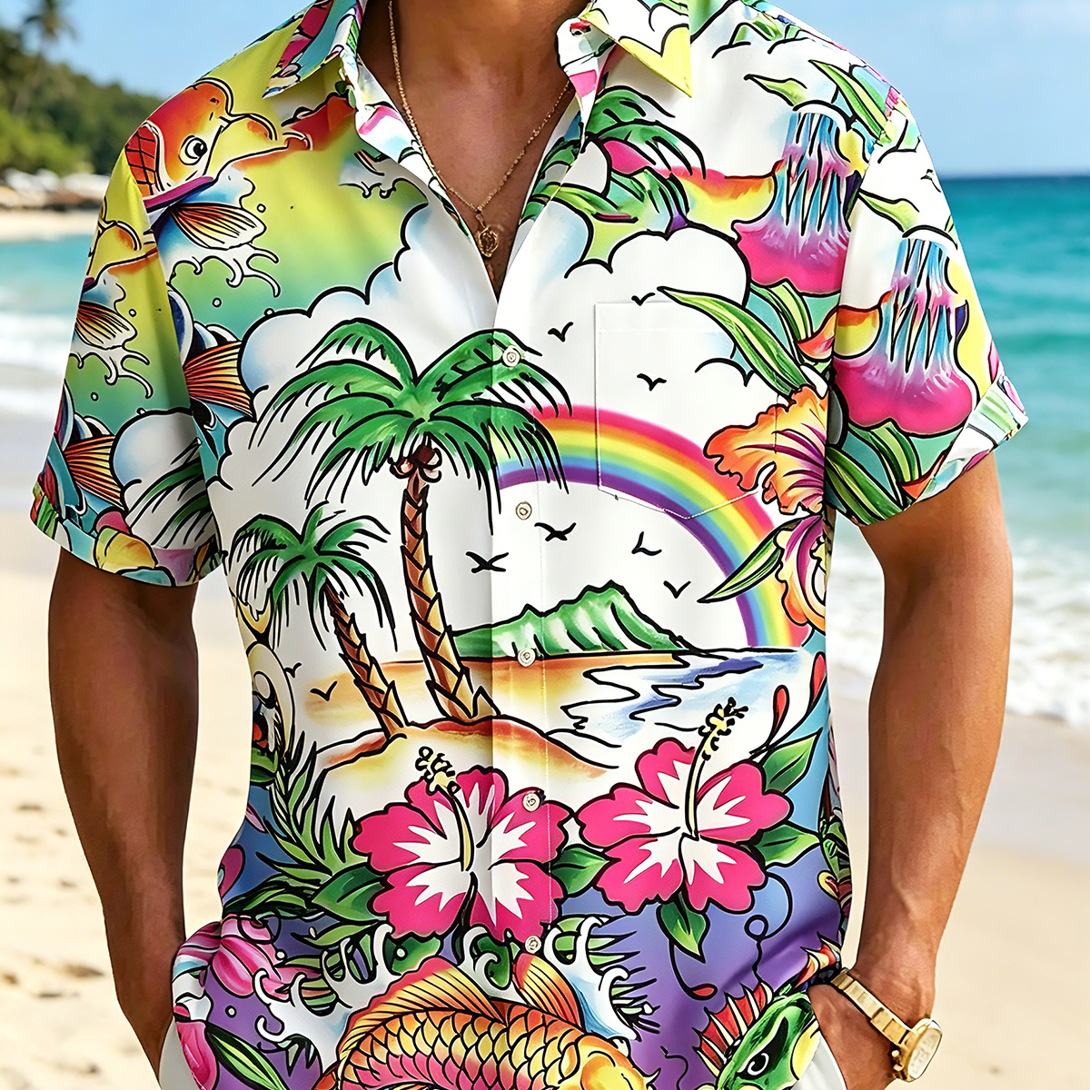 Alohadaddy® Hawaiian Palm Tree Print Art Button Pocket Cardigan Men's Short Sleeve Shirt
