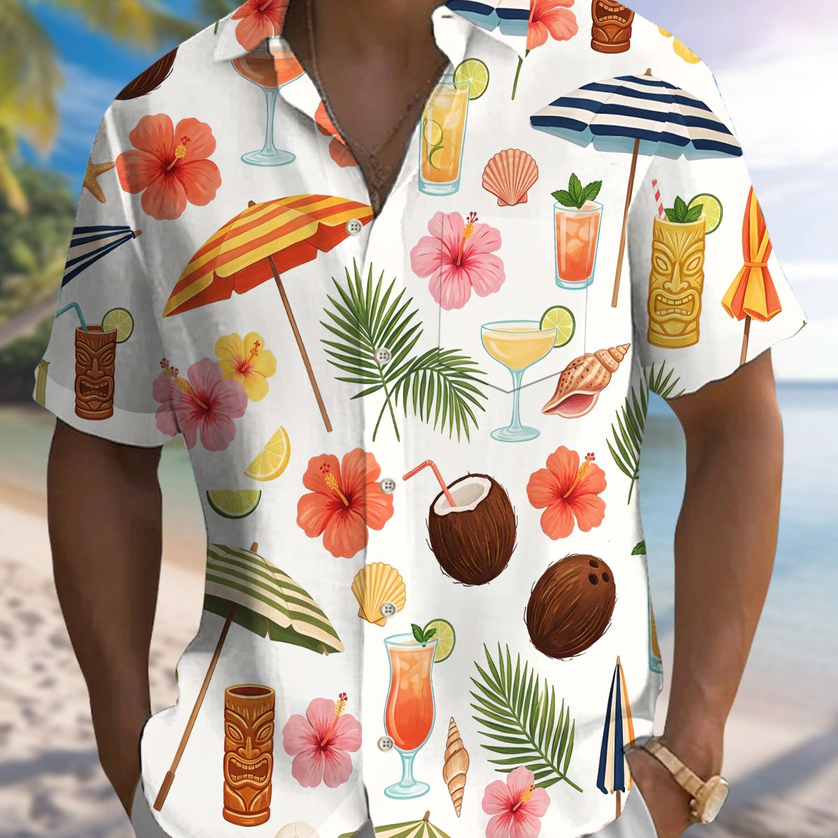 Alohadaddy® Men's Short-Sleeve Button-Down Shirt Hawaiian Beach Vacation Style with Artistic Print and Pocket