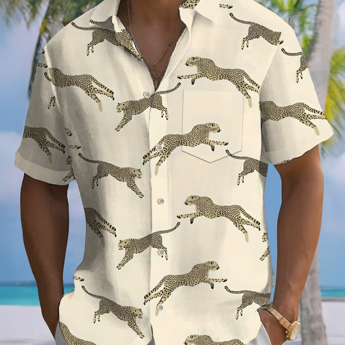 Alohadaddy® Casual Leopard Print Art Button Pocket Cardigan Men's Short Sleeve Shirt