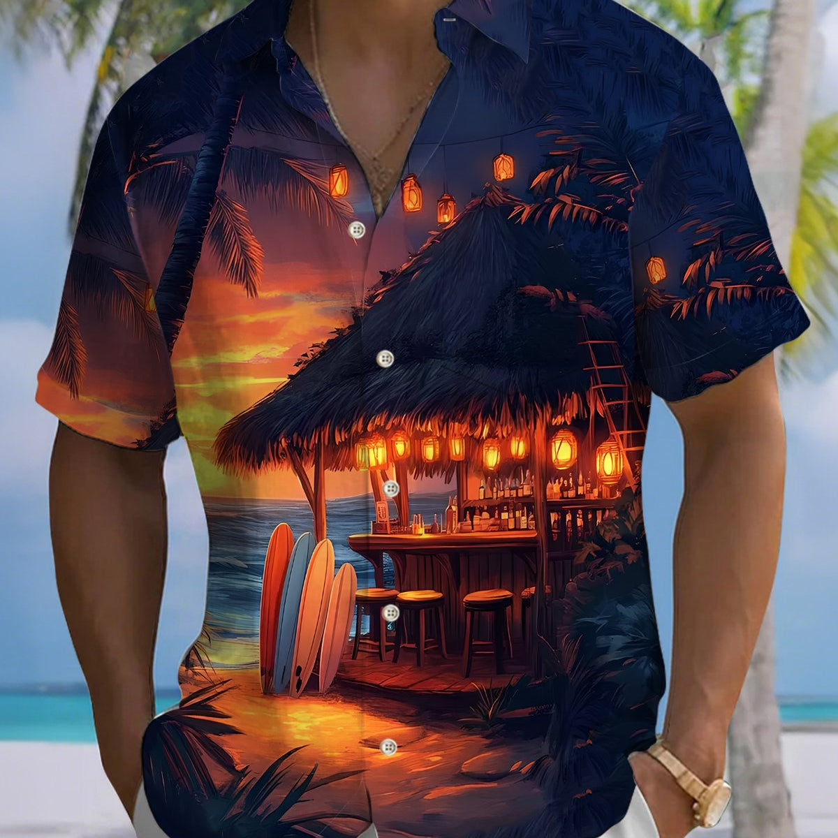 Alohadaddy® Hawaiian Beach Vacation Print Art Button Pocket Cardigan Men's Short Sleeve Shirt