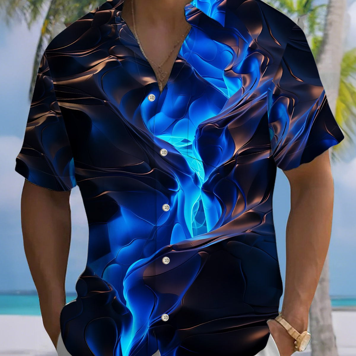 Alohadaddy® Vintage Abstract Print Art Button Pocket Cardigan Men's Short Sleeve Shirt
