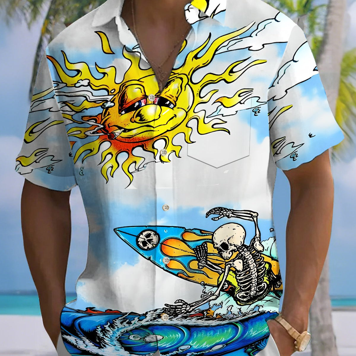 Alohadaddy® Hawaiian Skull Surfing Sun Print Art Button Pockets Cardigan Men's Short-Sleeve Shirt