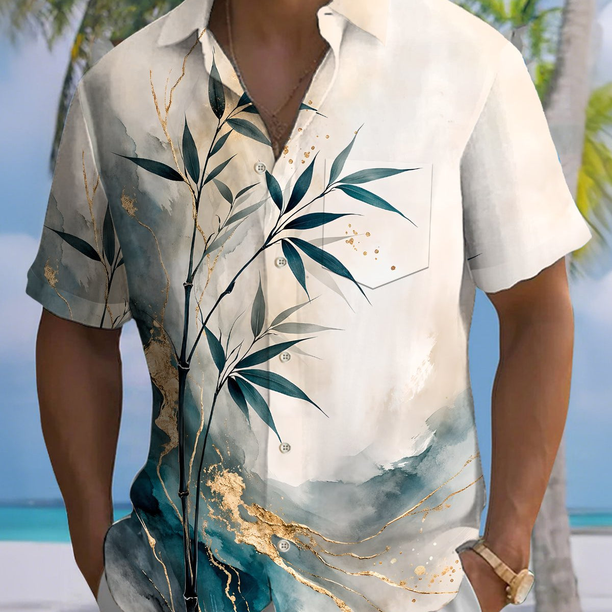 Alohadaddy® Hawaiian Bamboo Print Art Button Pocket Cardigan Men's Short Sleeve Shirt