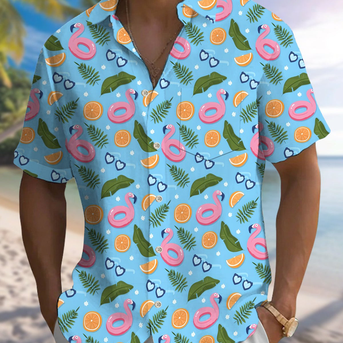 Alohadaddy® Men's Short-Sleeve Button-Down Shirt with Flamingo Print and Chest Pocket