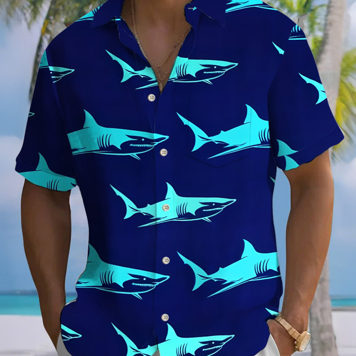 Alohadaddy® Men's Short-Sleeve Button-Down Shirt with Shark Print Pocket and Open-Front Design