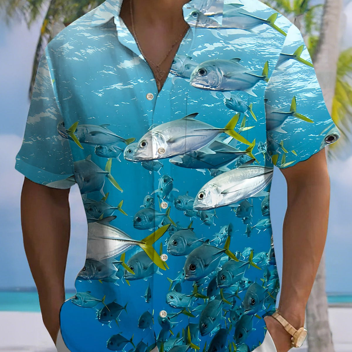 Alohadaddy® Men's Short-Sleeve Button-Down Shirt with Pocket Hawaiian Fish School Print