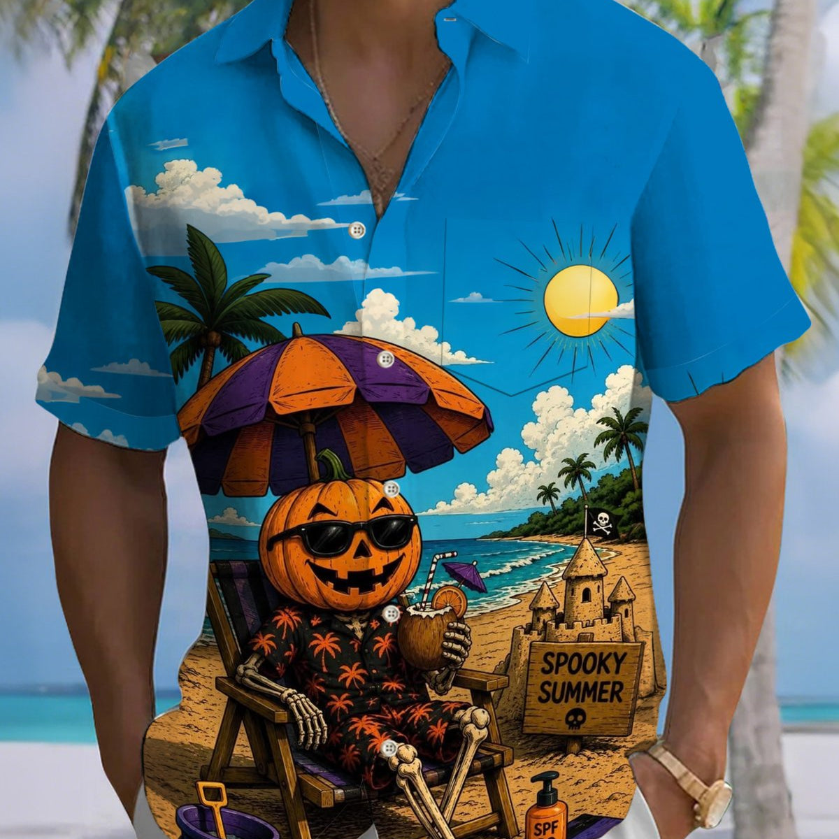 Alohadaddy® Men's Short-Sleeve Button-Down Shirt Hawaiian Style with Halloween Graphic Print and Chest Pocket