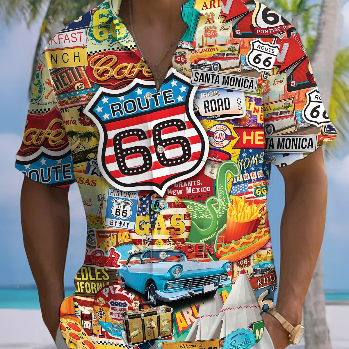 Alohadaddy® Men's Short-Sleeve Button-Down Shirt with Pocket Vintage Route 66 Graphic Print