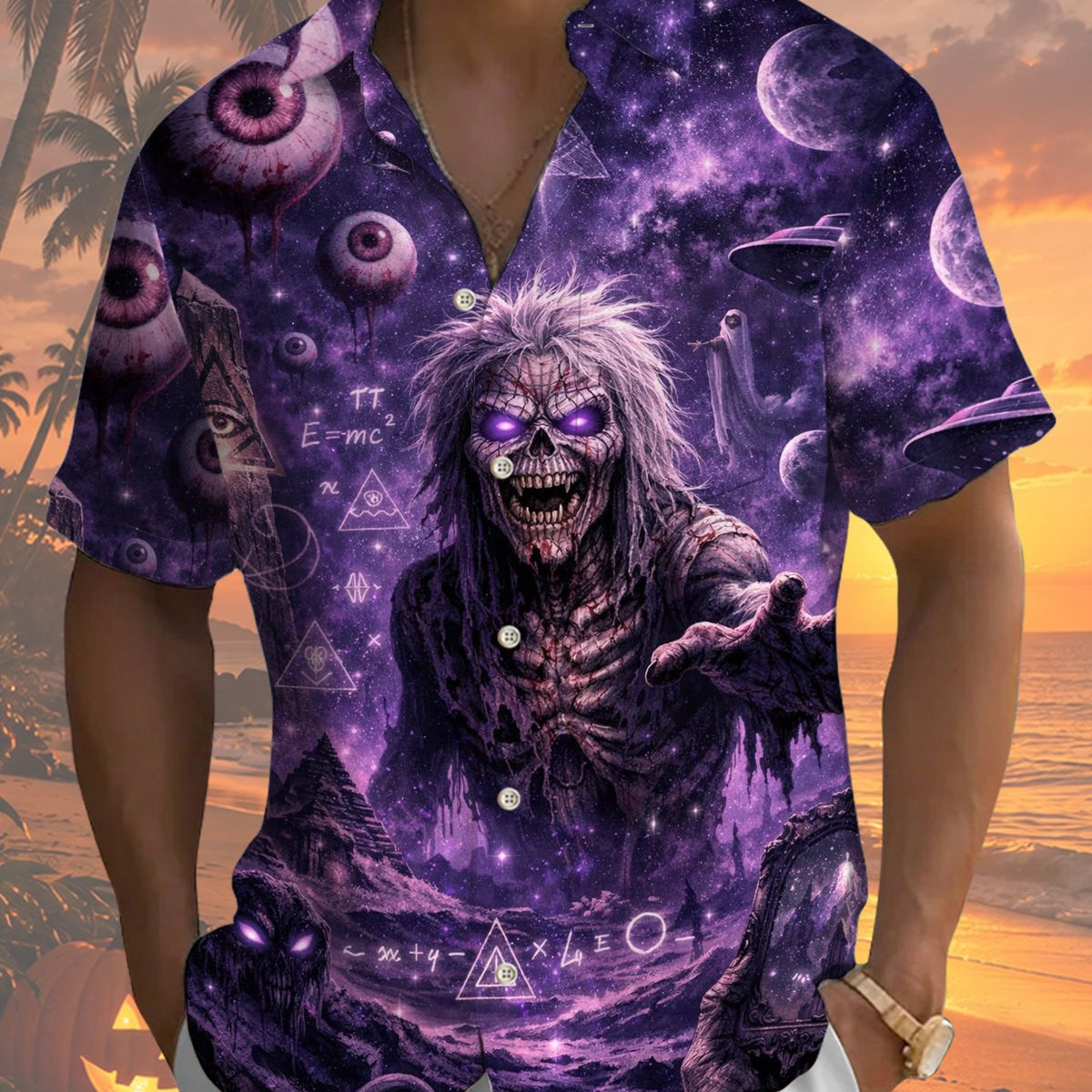 Alohadaddy® Holiday Halloween Graphic Print Button-Down Pocket Cardigan-Style Men's Short-Sleeve Shirt