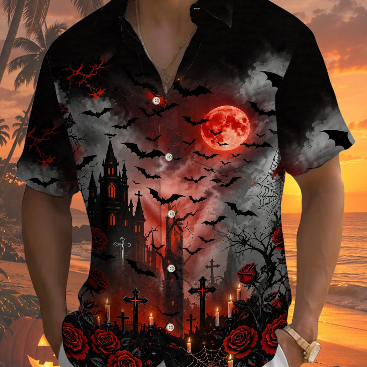 Alohadaddy® Men's Short-Sleeve Button-Down Shirt Vintage Halloween Graphic Print with Pocket