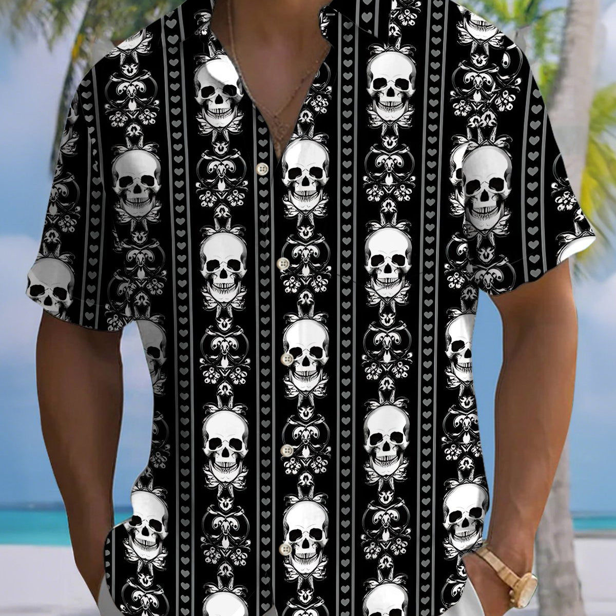 Alohadaddy® Men's Short-Sleeve Button-Down Shirt Vintage Skull Print with Pocket