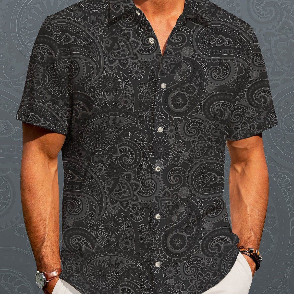 Alohadaddy Vacation Hawaii Cashew Flower Print Art Pocket Button Elastic Oversized Shirt