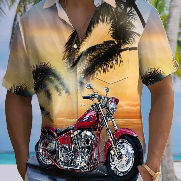 Alohadaddy Hawaiian Leisure Vacation Motorcycle Print Art Button Pocket Cardigan Stretch Large Size Short Sleeve Shirt