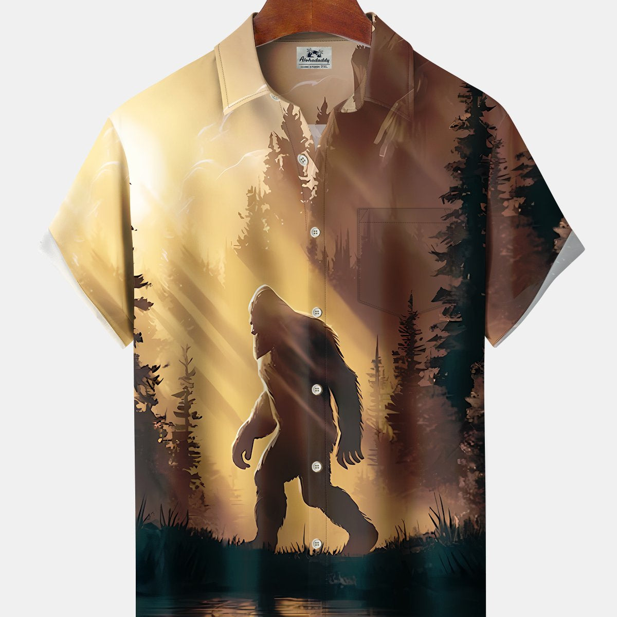 Alohadaddy Hawaii Resort Style Bigfoot Print Art Button Stretch Large Size Men's Shirt