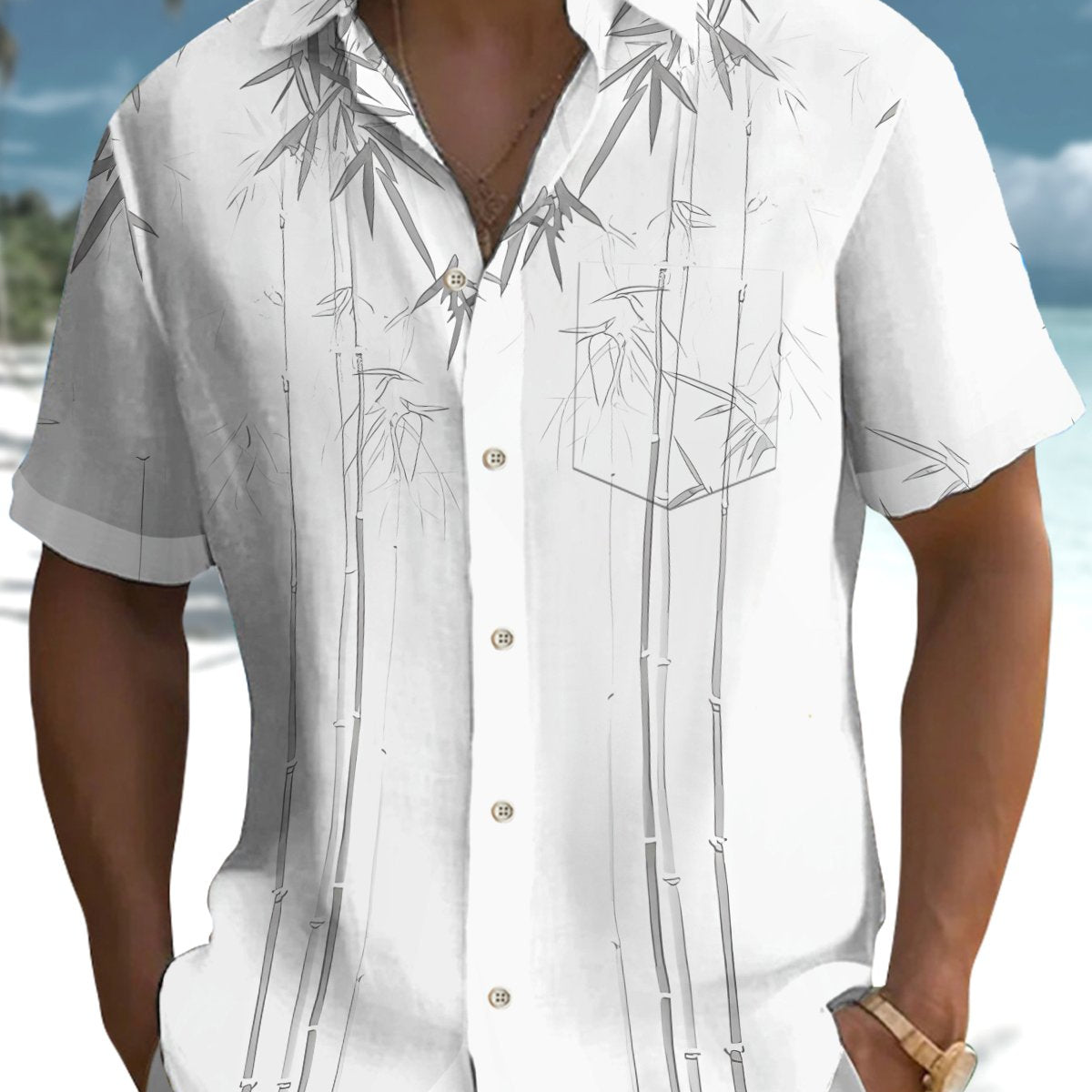 Alohadaddy® Casual Bamboo Watercolor Print Art Stretch Pocket Men's Short Sleeve Shirt Big & Tall