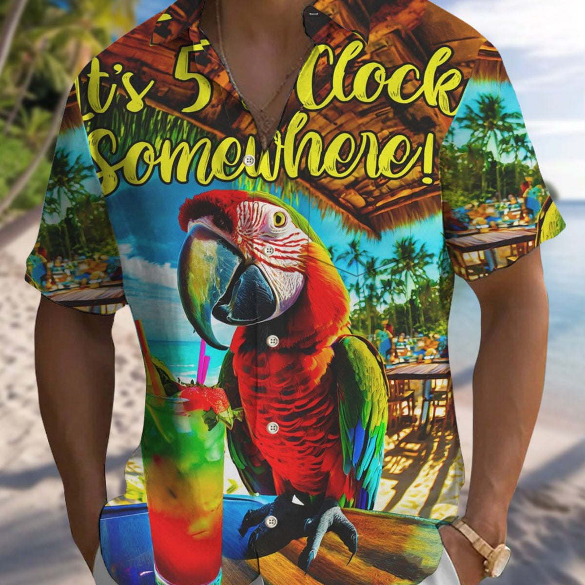 Alohadaddy® Hawaiian Parrot Vacation Print Pocket Stretch Men's Short Sleeve Shirt Big & Tall