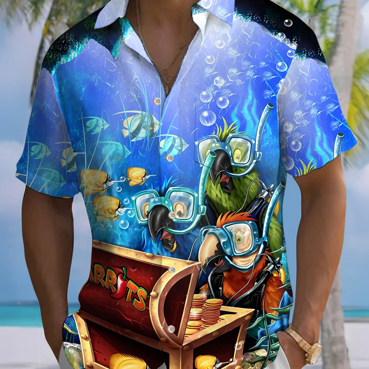 Alohadaddy® Hawaiian Parrot Diving Print Art Pocket Buttons Elastic Men's Short Sleeve Shirt Big & Tall
