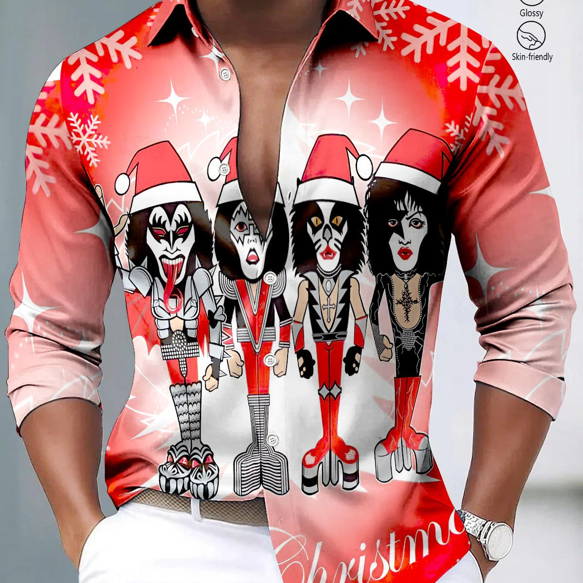 Alohadaddy® Satin Finish Christmas Band Print Art Stretch Button Men's Long Sleeve Shirt Big & Tall