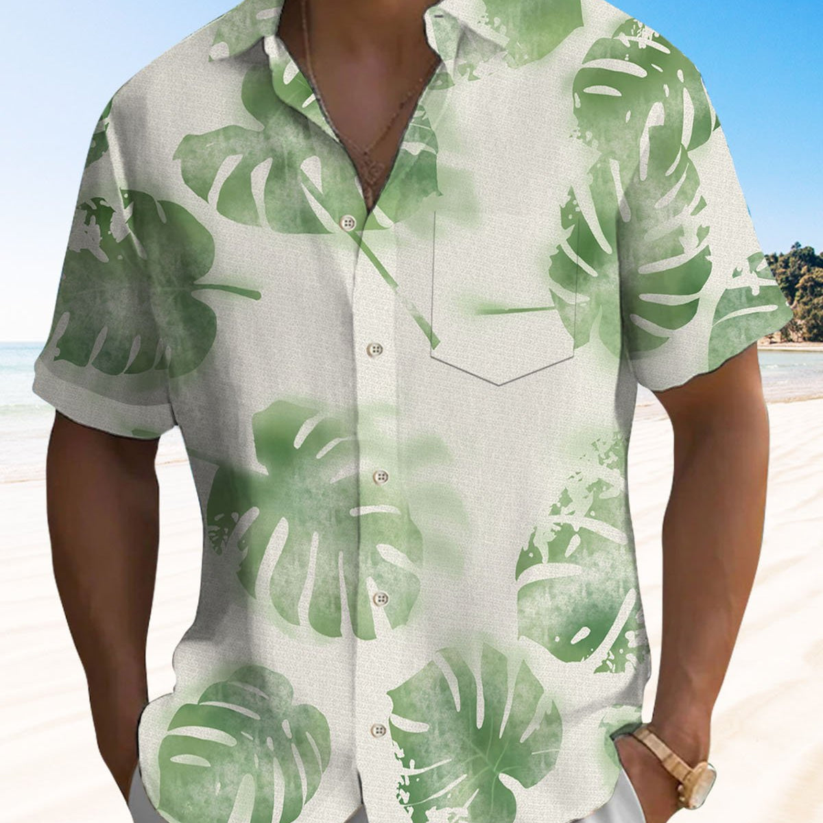 Alohadaddy® Casual Hawaiian Palm Leaf Print Artistic Button Pocket Cardigan Men's Short Sleeve Shirt Big & Tall