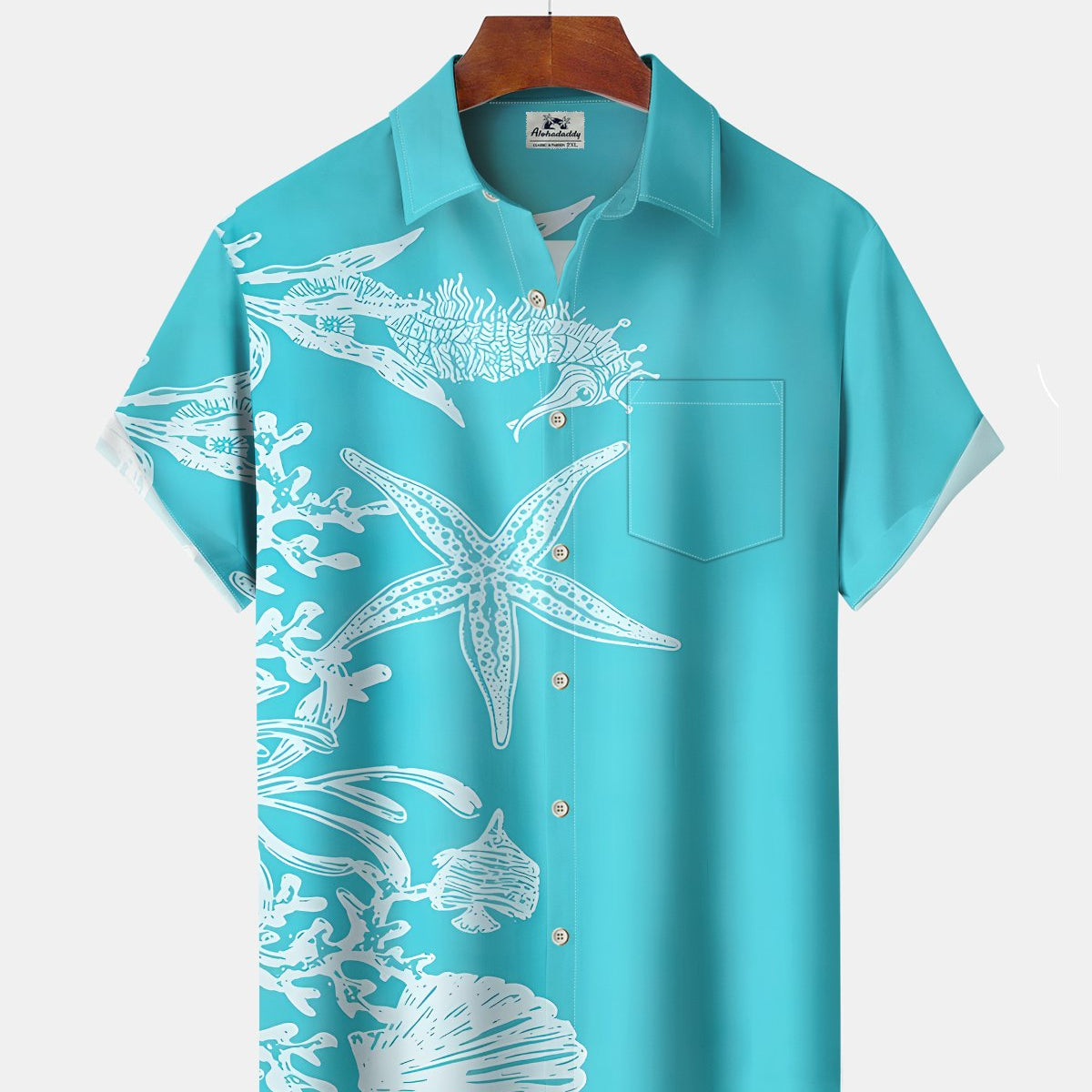 Alohadaddy® Men's Short-Sleeve Button-Down Shirt Hawaiian Starfish Print with Chest Pocket