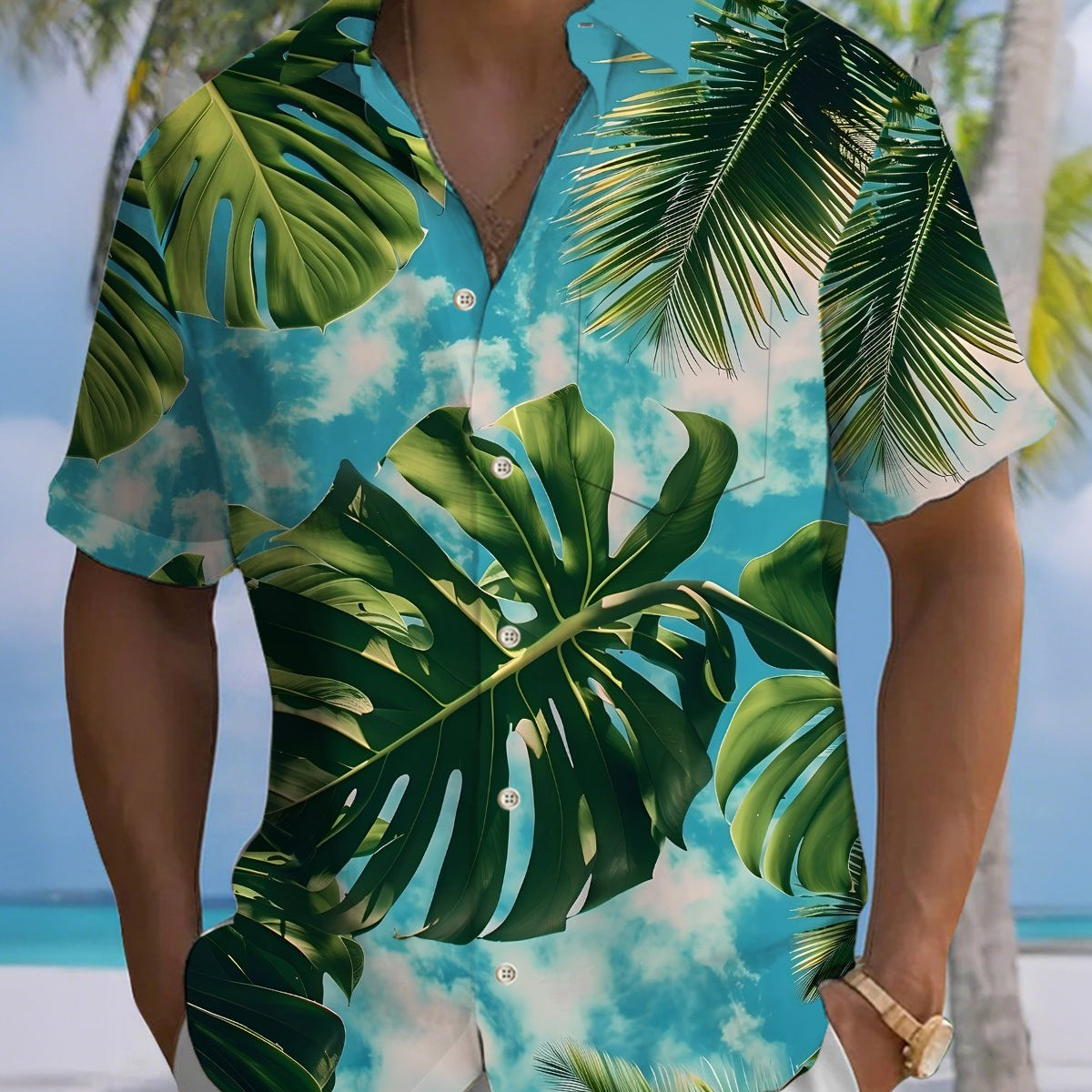 Alohadaddy® Hawaiian Palm Tree Print Art Button Pocket Cardigan Men's Short Sleeve Shirt