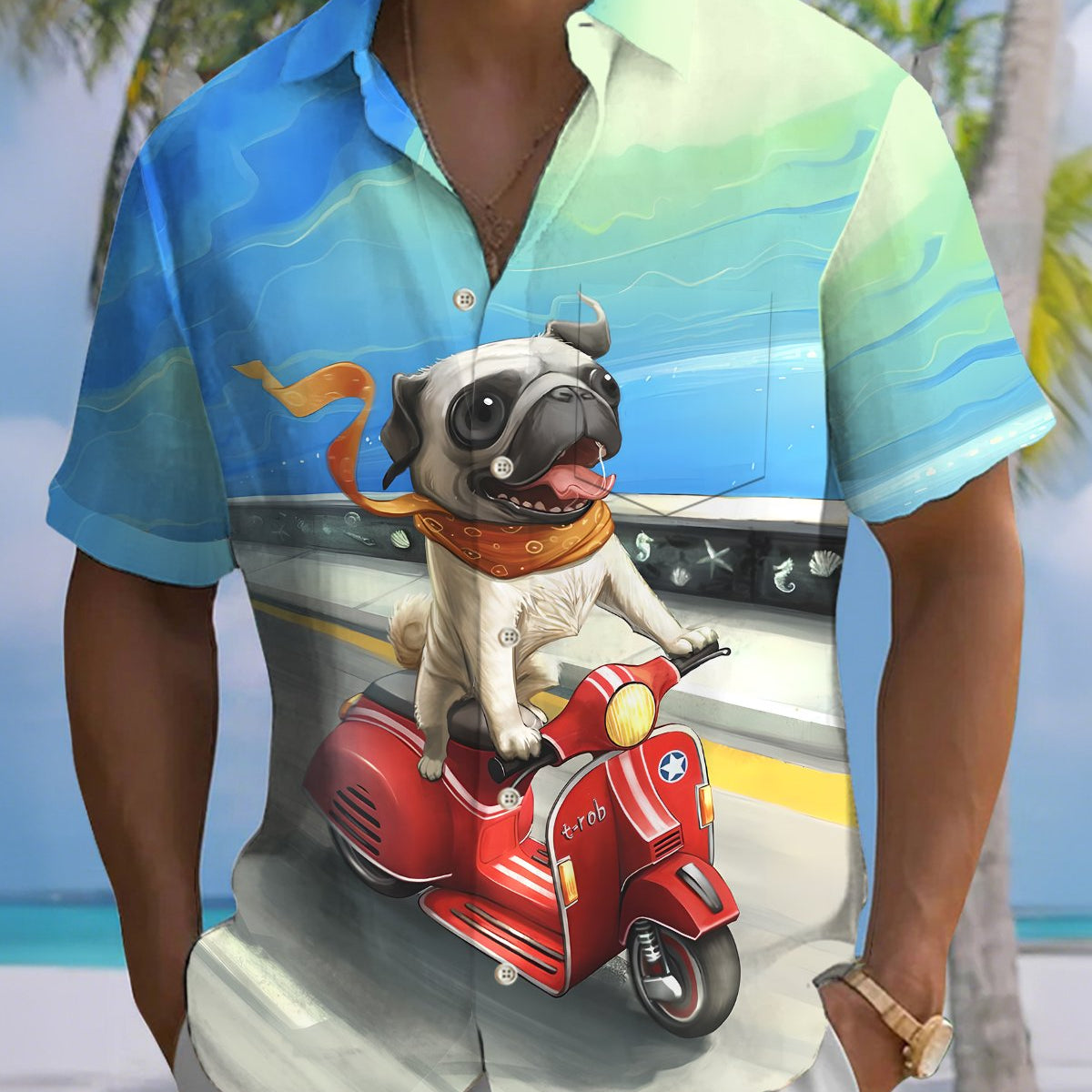 Alohadaddy® Casual Electric Bike Dog Print Art Cardigan with Buttons and Pockets for Men's Short Sleeve Shirt