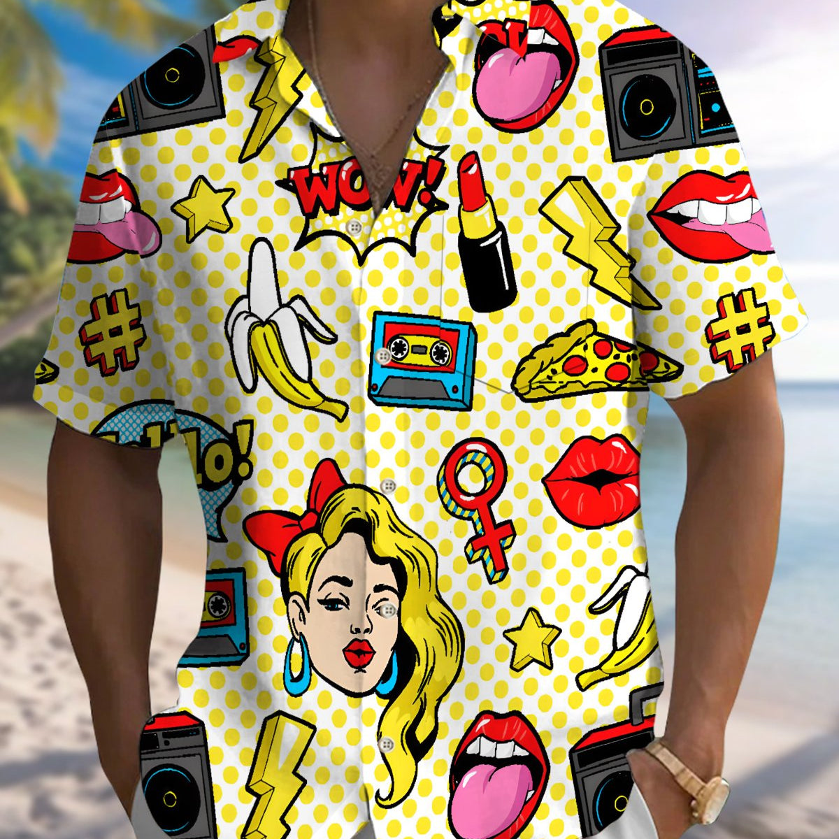 Alohadaddy® Men's Short-Sleeve Button-Down Shirt with Vintage Pin-Up Girl Art Print and Pocket