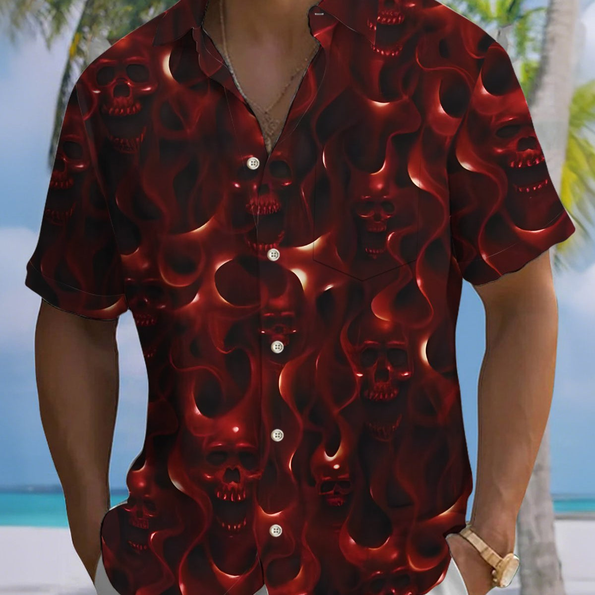 Alohadaddy® Men's Short-Sleeve Button-Down Shirt Vintage Skull Print with Pocket