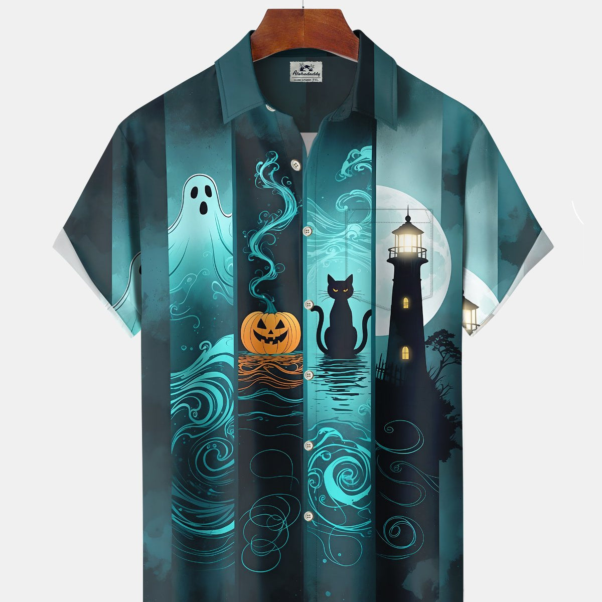 Alohadaddy® Holiday Halloween Graphic Print Button-Down Pocket Cardigan-Style Men's Short-Sleeve Shirt