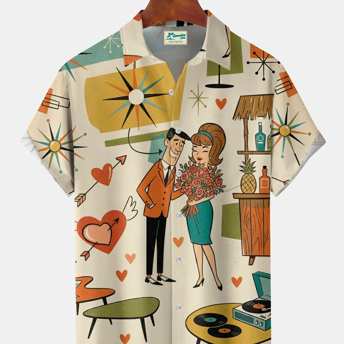 Alohadaddy® Retro Cartoon Valentine's Day Print Men's Button-Down Short-Sleeve Holiday Hawaiian Shirt Big & Tall