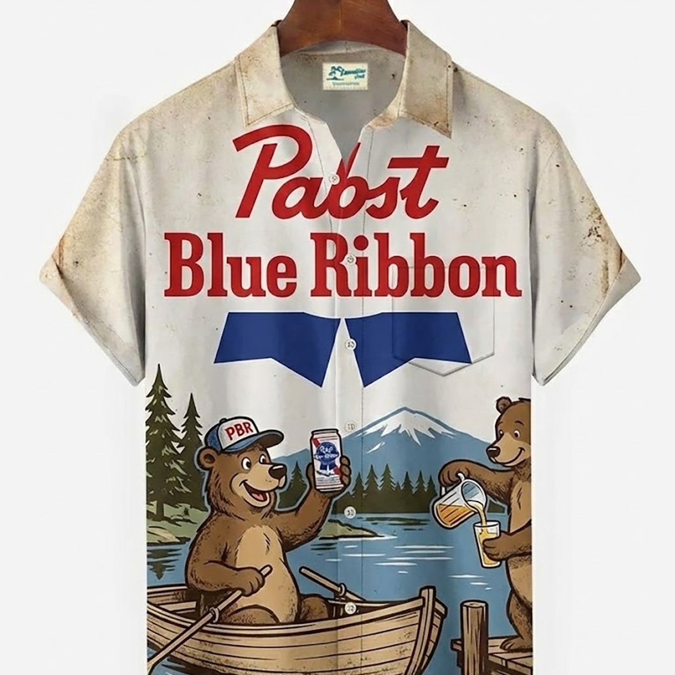 Alohadaddy® Retro Fun Cartoon Bear Beer Print Men's Button-Down Short-Sleeve Shirt Big & Tall