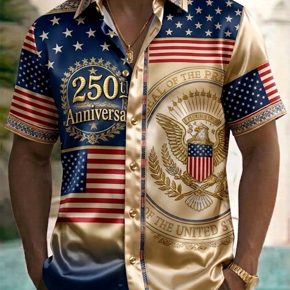 Alohadaddy® Men's Holiday American 250th Anniversary Golden Satin Bald Eagle Print Button Down Short-Sleeve Big & Tall