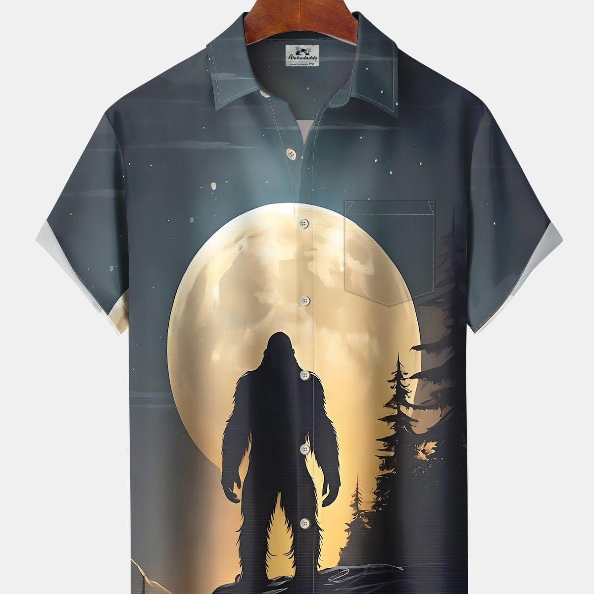 Alohadaddy Hawaii Vintage Bigfoot Sunset Silhouette Print Art Buttons Stretch Large Size Men's Shirt