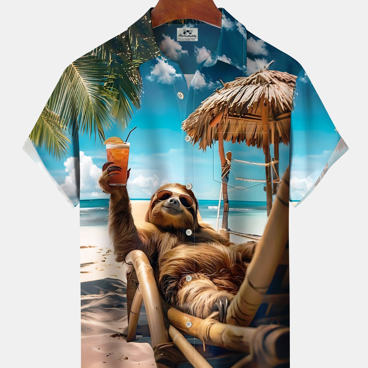 Alohadaddy Hawaiian Sloth Vacation Print Art Button Cardigan Pocket Stretch Large Size Long Short Sleeve Shirt