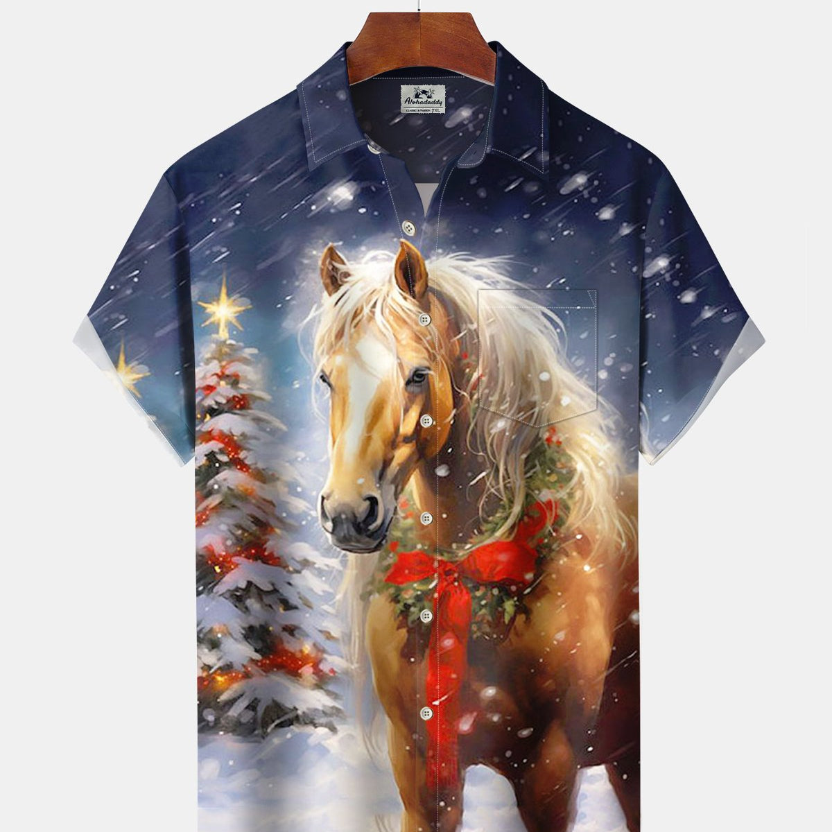 Alohadaddy® Christmas Horse Christmas Tree Print Pocket Elastic Buttons Men's Short Sleeve Shirt Big & Tall