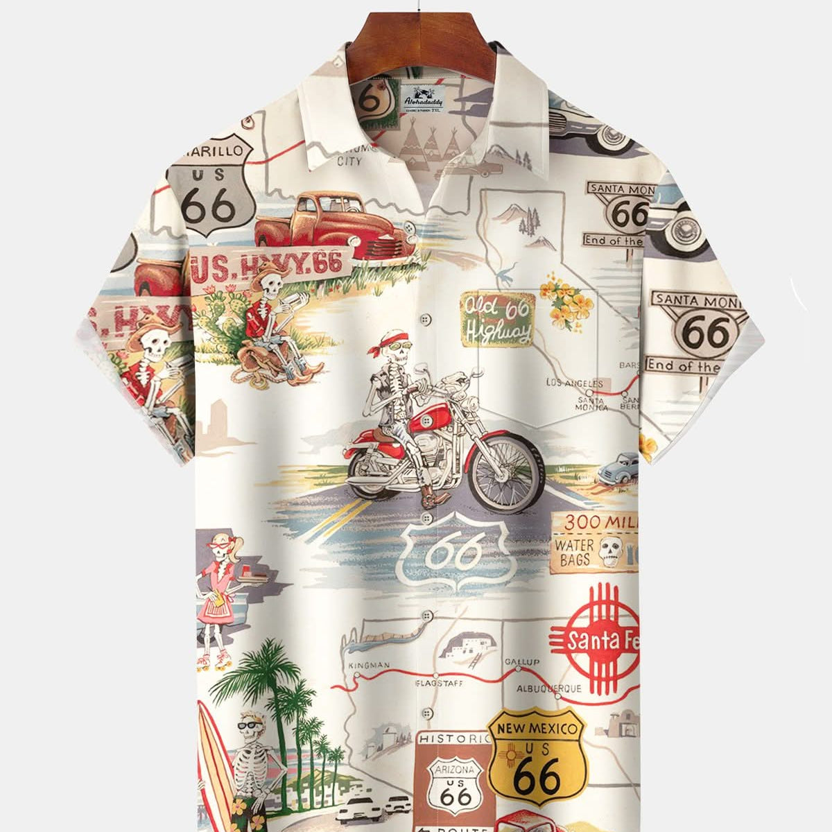 Alohadaddy® Retro Route 66 Skull Cartoon Print Art with Pockets and Buttons Men's Short-Sleeve Shirt Big & Tall
