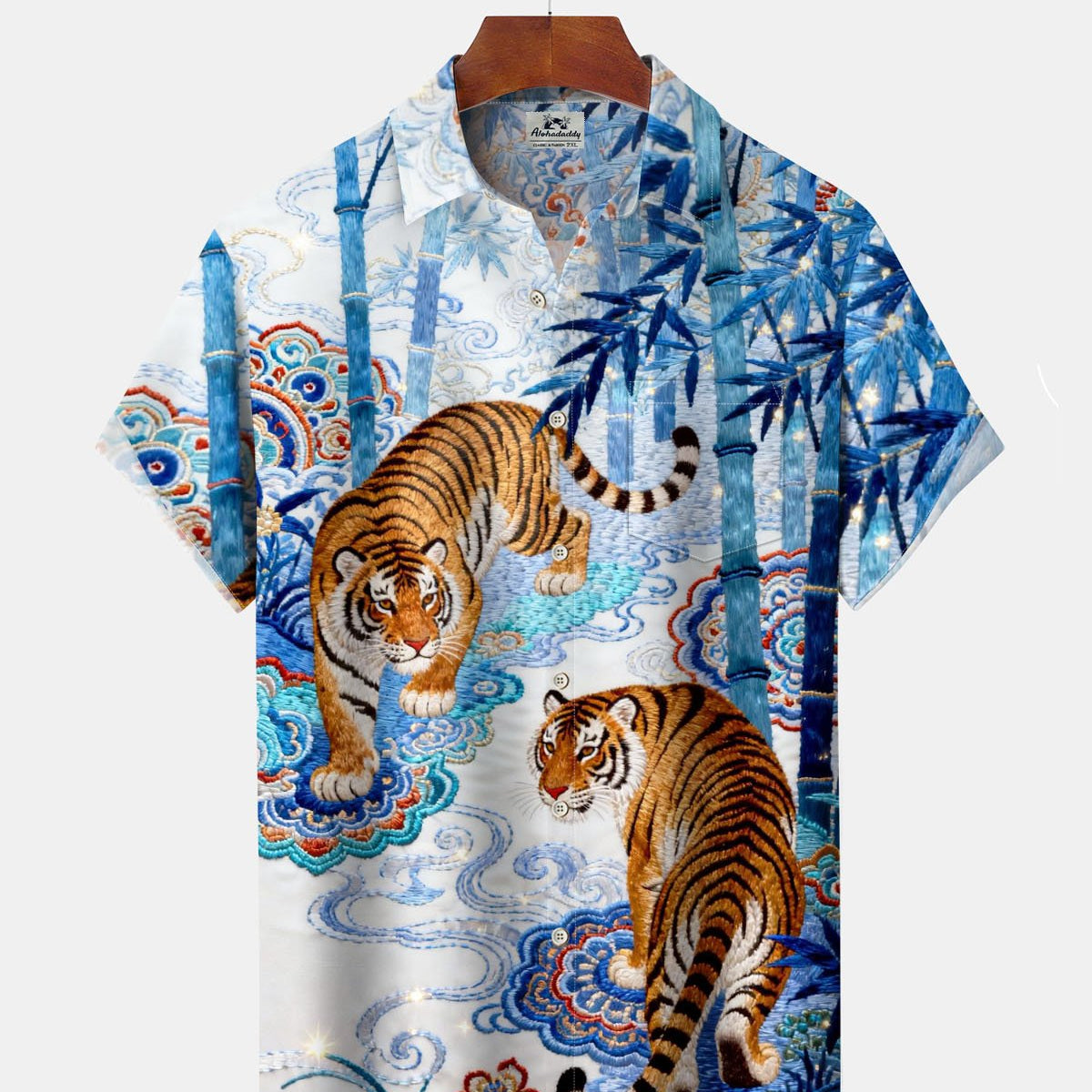 Alohadaddy® Vintage Tiger Ukiyo-e Print Art Pocket Button Stretch Men's Short-Sleeve Shirt Big & Tall