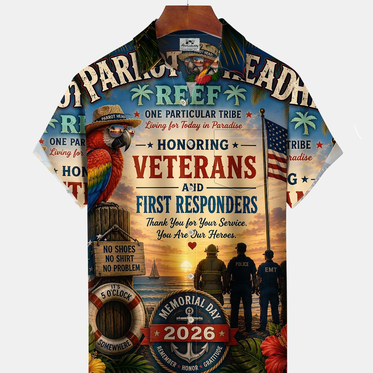 Alohadaddy® Vintage Flag Parrot Print Art Button Pocket Cardigan Men's Short Sleeve Shirt