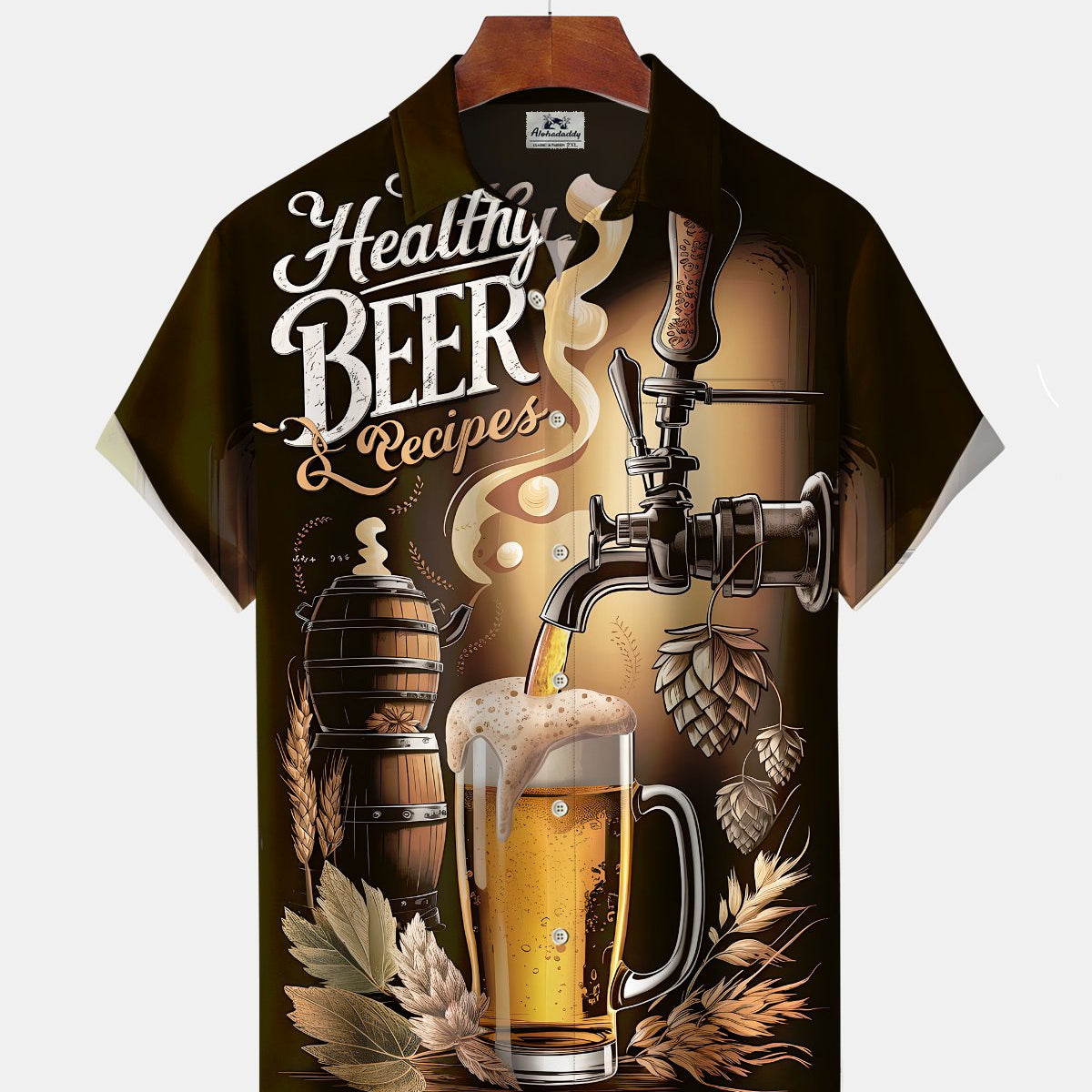 Alohadaddy® Men's Short-Sleeve Button-Down Shirt Vintage Beer-Themed Graphic Print with Pocket