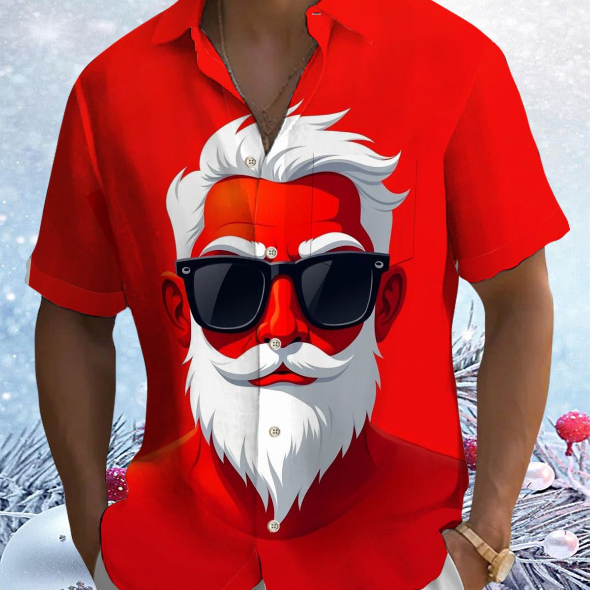 Alohadaddy® Holiday Santa Claus Portrait Printed Pocket Button Men's Short Sleeve Shirt Big & Tall
