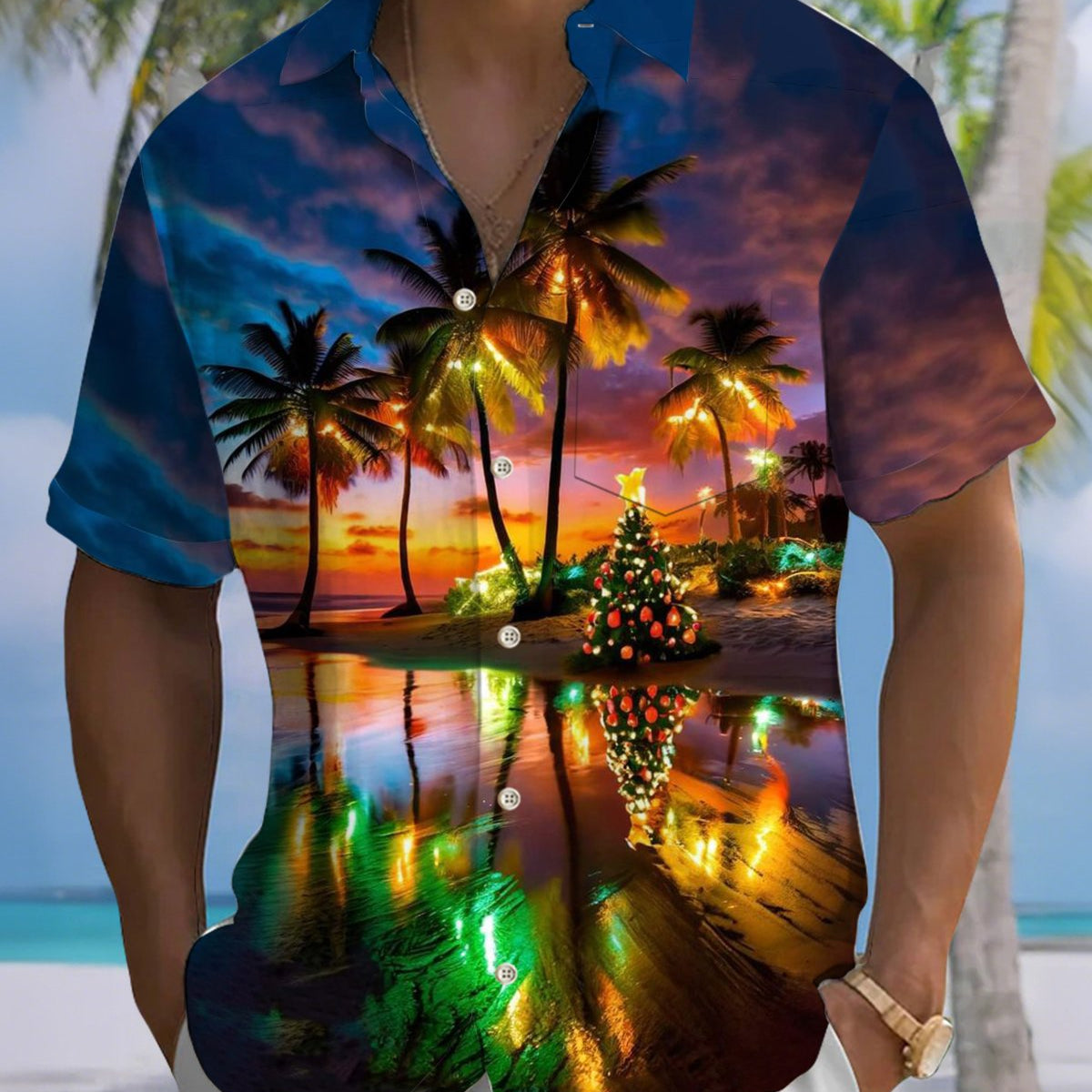 Alohadaddy® Christmas Hawaiian Beach Vacation Printed Pocket Elastic Button Men's Short Sleeve Shirt Big & Tall