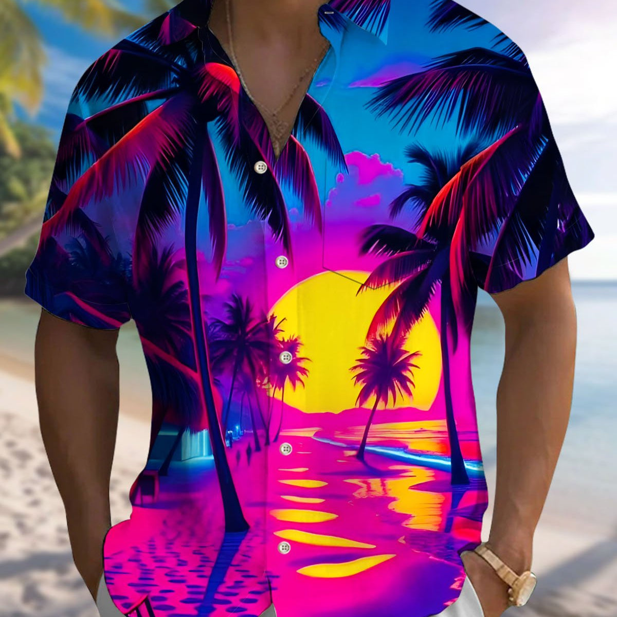 Alohadaddy® Hawaiian Palm Tree Print Art Button Pocket Cardigan Men's Short Sleeve Shirt Big & Tall