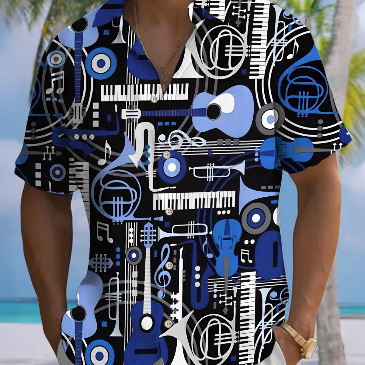 Alohadaddy® Casual Music Print Art Cardigan Men's Short Sleeve Shirt Big & Tall