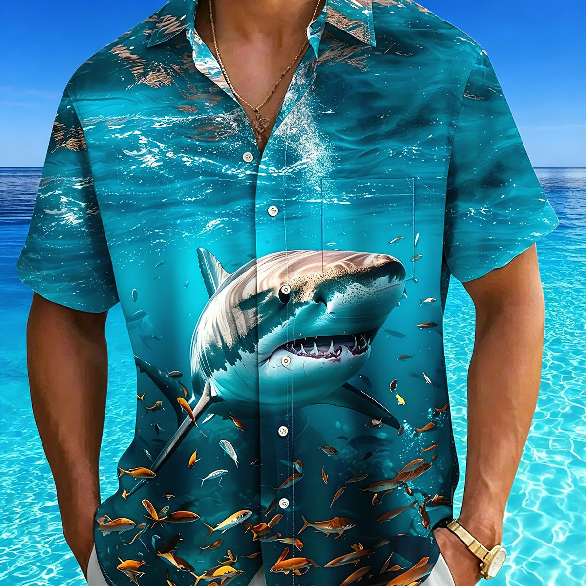 Alohadaddy® Hawaiian Shark Print Art Button Pocket Cardigan Men's Short Sleeve Shirt