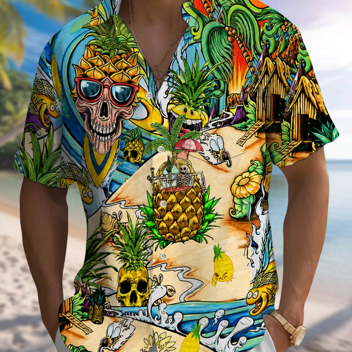 Alohadaddy® Hawaiian Pineapple Print Art Button Pocket Cardigan Men's Short Sleeve Shirt