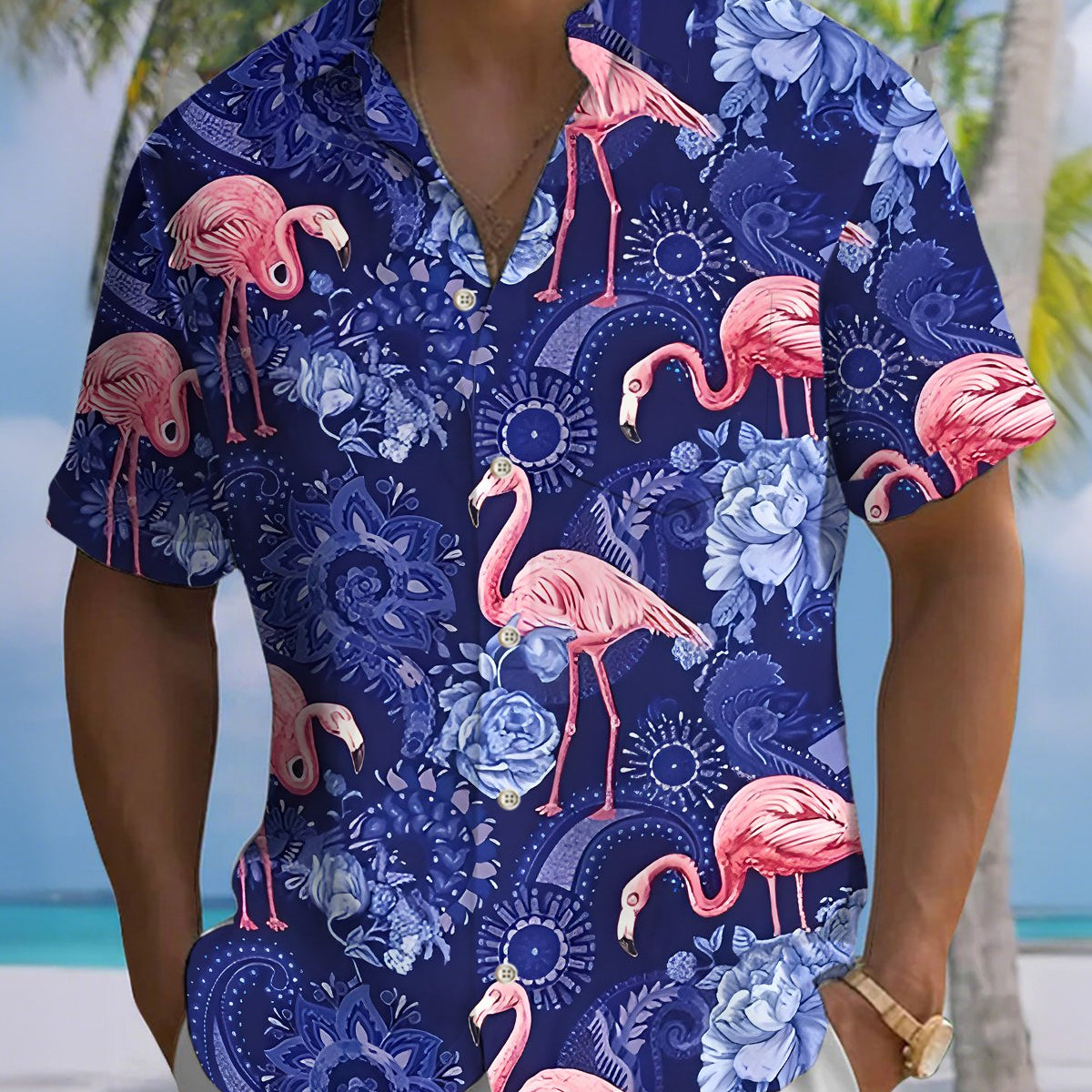 Alohadaddy® Men's Short-Sleeve Button-Down Shirt with Flamingo Print and Pocket