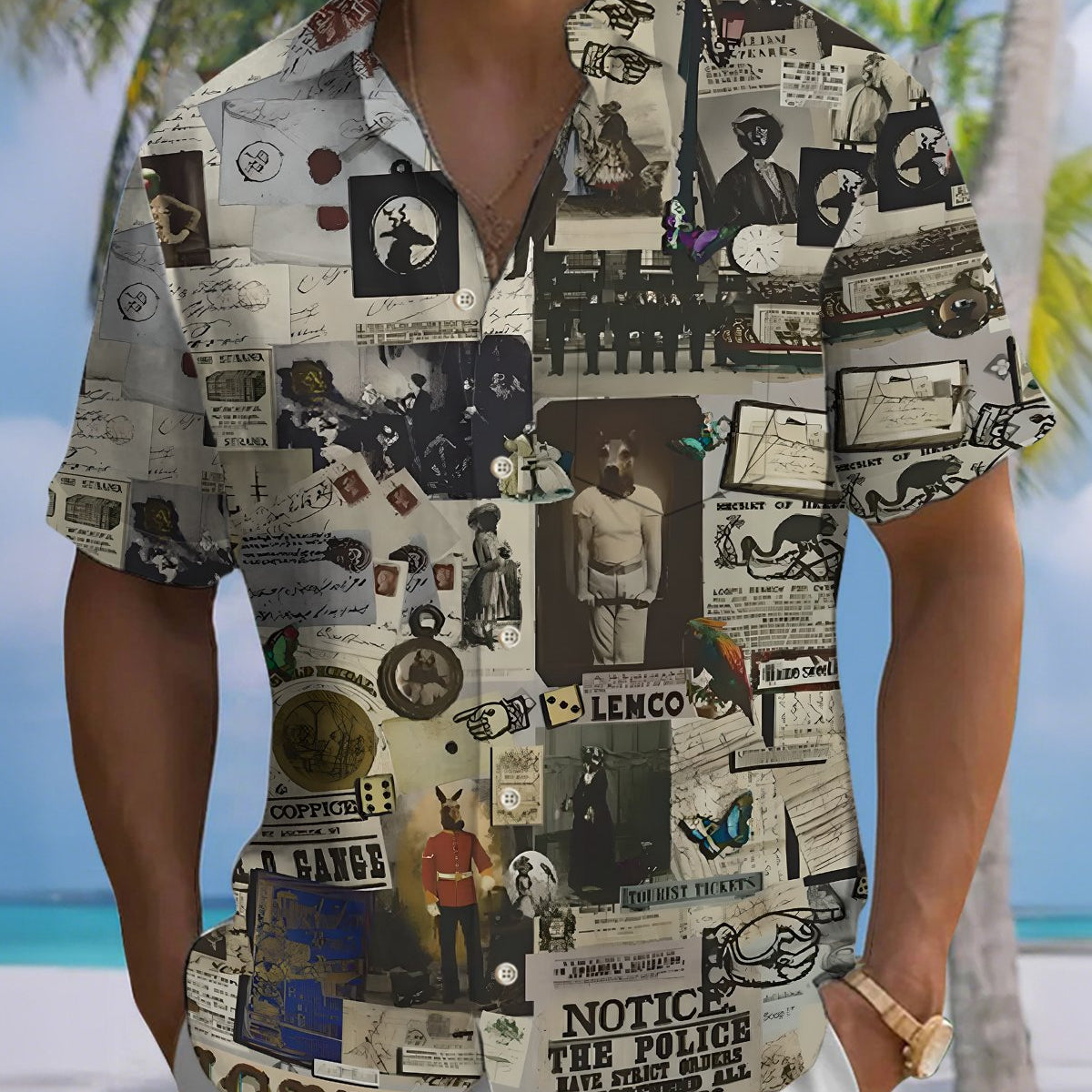 Alohadaddy® Men's Short-Sleeve Button-Down Cardigan Shirt with Pocket and Vintage Poster-Style Print
